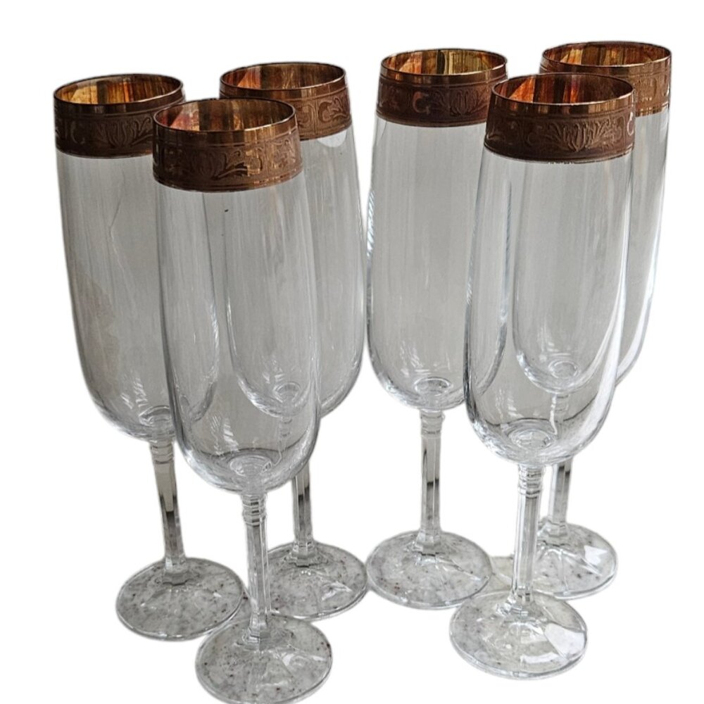 6 Vintage Art Deco Gold Engraved Stemmed Champagne Glasses